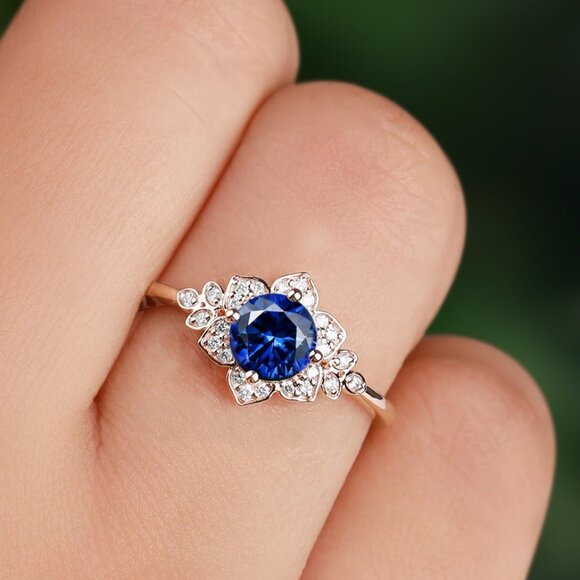 Vintage Style Floral ring - Blue Sapphire, Flower Ring September Birthstone - Picture 1 of 4
